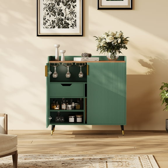 Wine Bar Cabinet with Fluted Glass Doors & Wine Rack - Small Modern Sideboard Buffet for Dining Room, Living Room, Kitchen Coffee Bar
