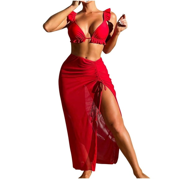 WREESH Womens 3 Piece Swimsuits Sarong Swimsuit Set Ruffle Bikini Sets Beach Cover Up Wrap Skirt Fashion Bandage Bikini Set Swimsuit Bathing Suit Bikinis Sets Red