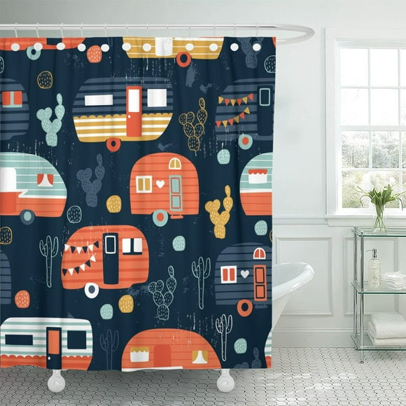 BSDHOME Blue Cactus Camping Pattern Navy Camper Caravan Cute House Shower Curtain 60x72 inches