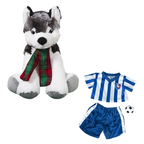 Plush Gear Klondike the Husky 16" Stuffed Animal with Soccer Uniform & Plush Soccer Ball Toy