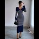 thumbnail image 5 of Vestido de Suéter A Rayas con Cuello en V para Mujer, Larga, Ajustado, Midi. Azul Marino XL, 5 of 7
