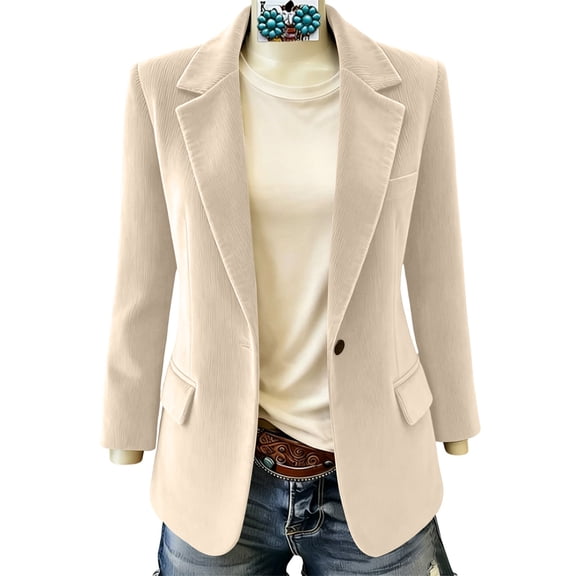 Edvintorg Women Blazer Corduroy Notch Lapel Business Casual Suit Jacket Long Sleeve Open Front Blazers Women Fashion Beige XL