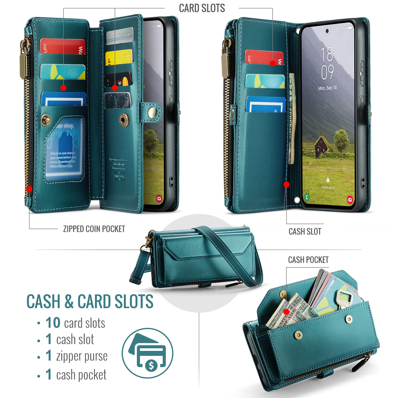 Compatible with Samsung Galaxy S25 Edge 5G Zipper Wallet Phone Case Tempered Glass Screen Protector Crossbody Lanyard Strap Flip Card Holder Slot Cell Cover for S25Edge 25S S 25 25Edge Women Green