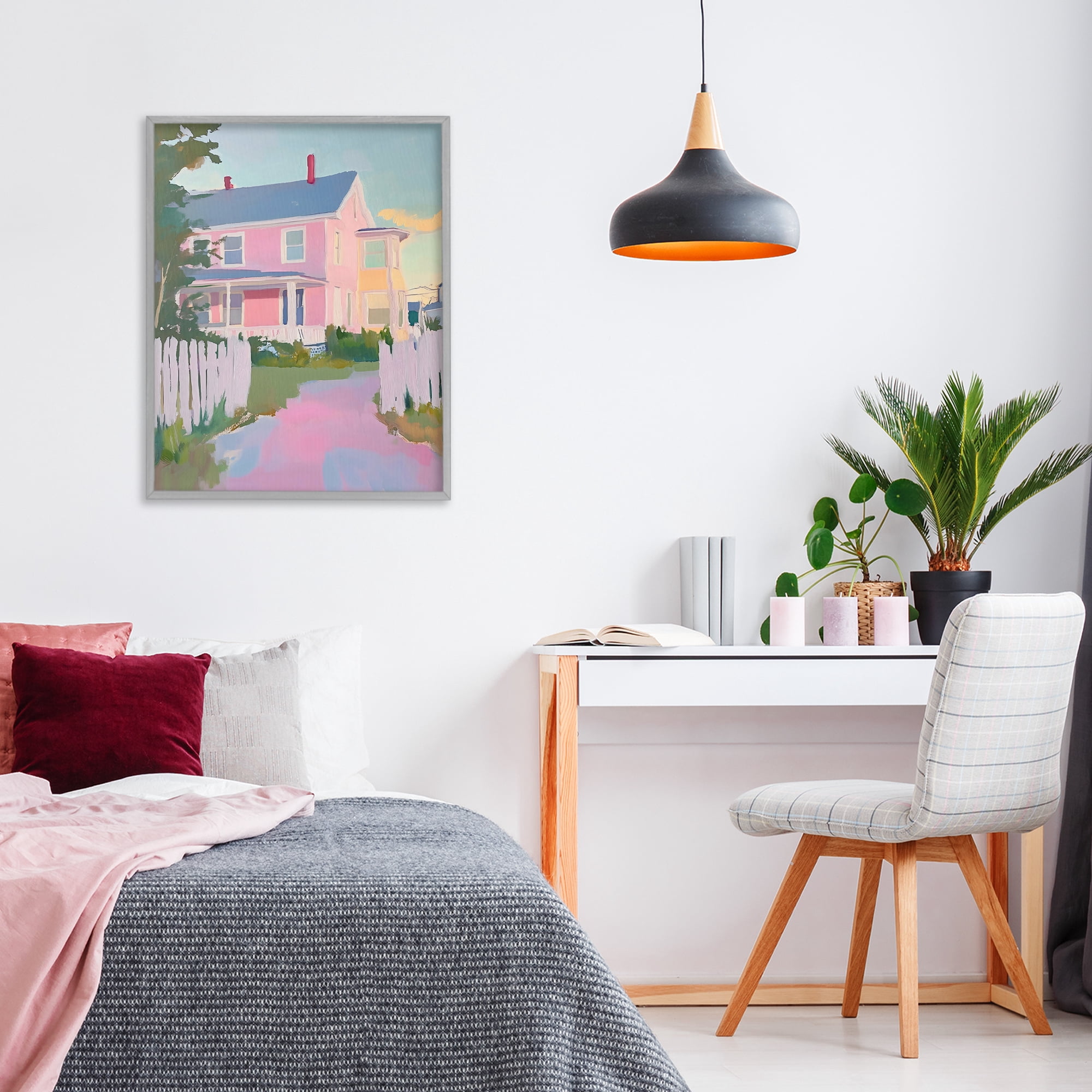 Stupell Industries Pastel Pink House with Fence Gray Framed Giclee Art, design by The Prints Vibe
