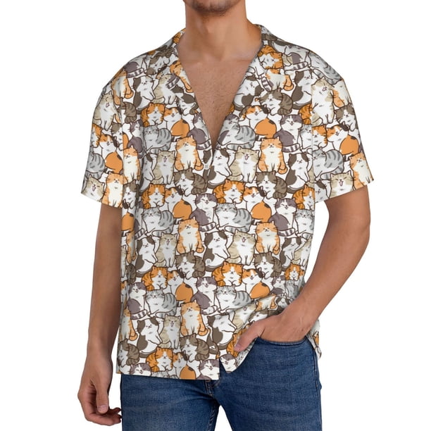 Balery Cartoon Cat Camisa Casual de Manga Corta con Botones para Hombre, Texturizada, Estilo Cubano, para Playa, Verano-XX-Large