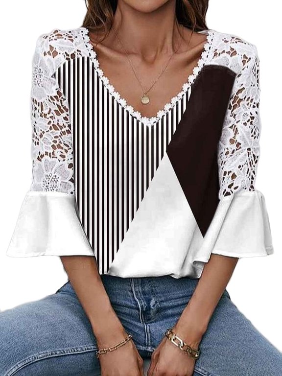 Fashion Womens Lace Crochet 3/4 Sleeve Blouse Shirt Casual Print Tunic Tops