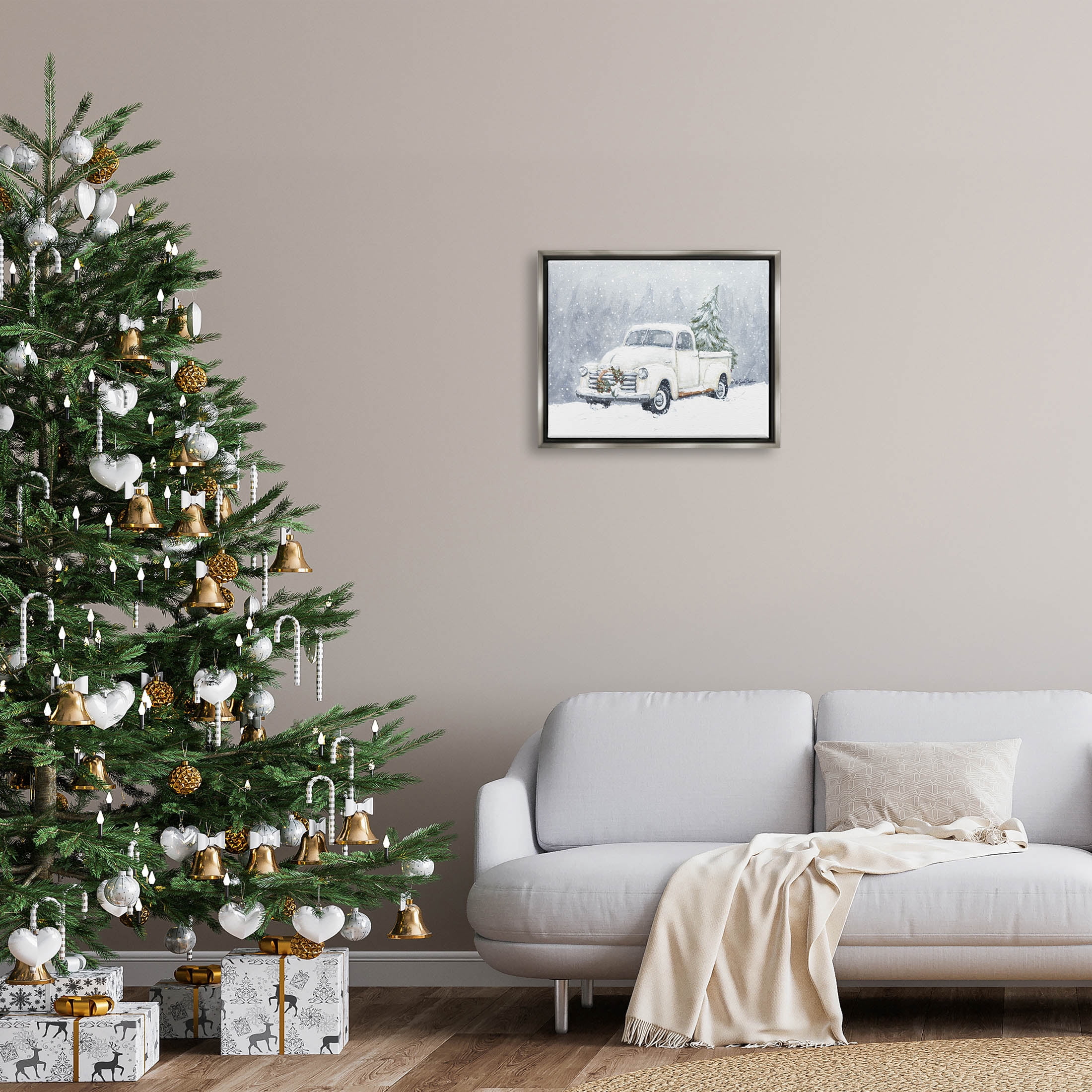 Seasonal Niveous Snow Truck Scene Holiday Painting Luster Gray Framed Art Print Wall Art