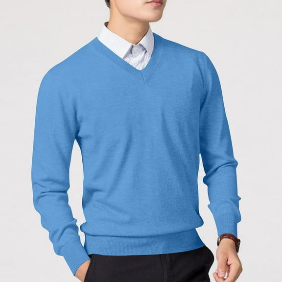 QTBIUQ Sweater Mens Winter Casual Fashion Solid Color Texture Long Sleeved V Neck Sweater Blue