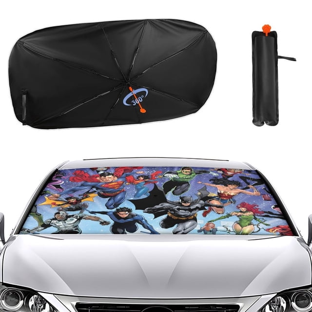 Liga de la Justicia Sombrilla Solar para Auto - Protector de Parabrisas Plegable | Cortina Solar Delantero | Bloqueo UV y Aislamiento de Calor 133x73cm