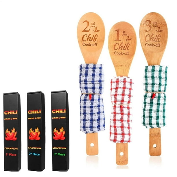 3 Piezas de Premios para Concurso de Cocina de Chile, 1.º, 2.º y 3.º Trofeos con Cucharas de Madera, Paño de Cocina y Caja de Chile.