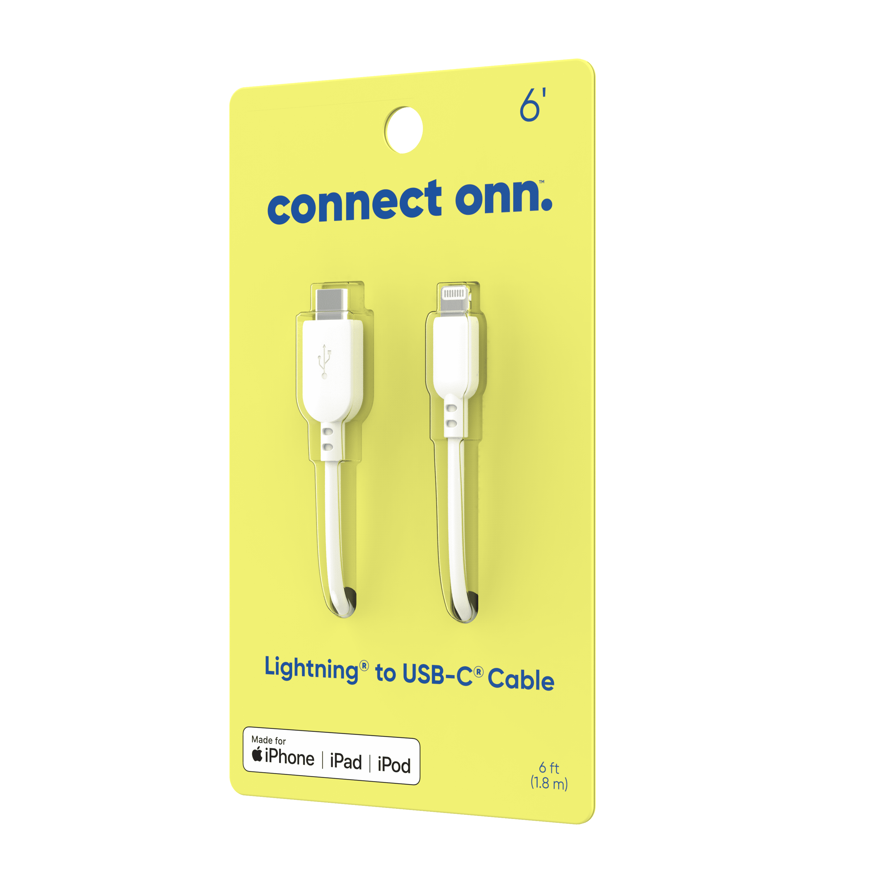 onn. Lightning to USB Cable, White, 3 ft 