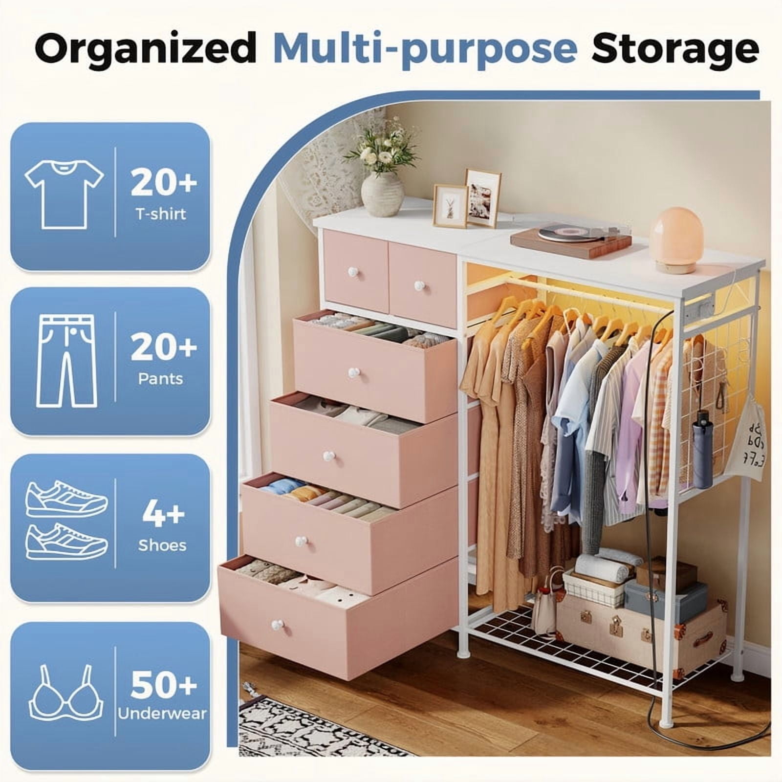 Kelno 6 Drawer Dresser with Hanging Rack LED Lights Charging Station Fabric Closet Organizer Storage Tower, Pink
