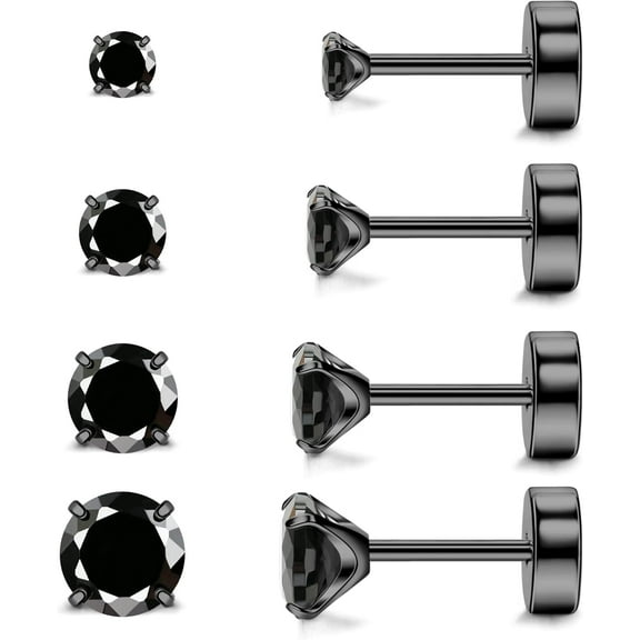 Hypoallergenic Flat Back Earrings for Women & Men, 4 Pairs Implant Grade Titanium Stud Earrings with Flat Backs for Cartilage, Screw Back Pure Titanium Earrings Set for Sensitive Ears with CZ