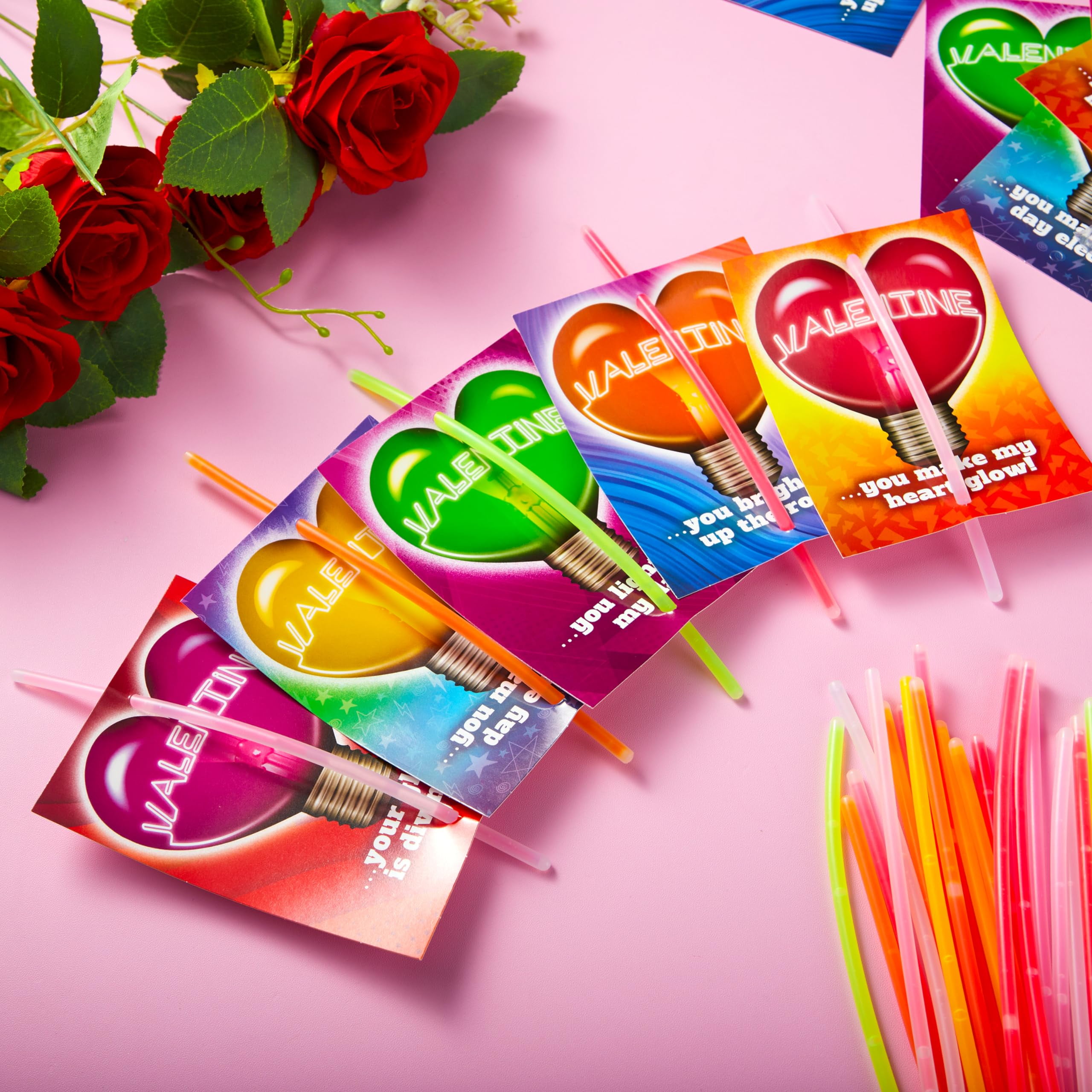 Joyfy 36 Packs Glow Sticks Bracelet with Neon Valentines Day Gift Cards Valentine Exchange Cards for Kids Class Valentines Party Favors