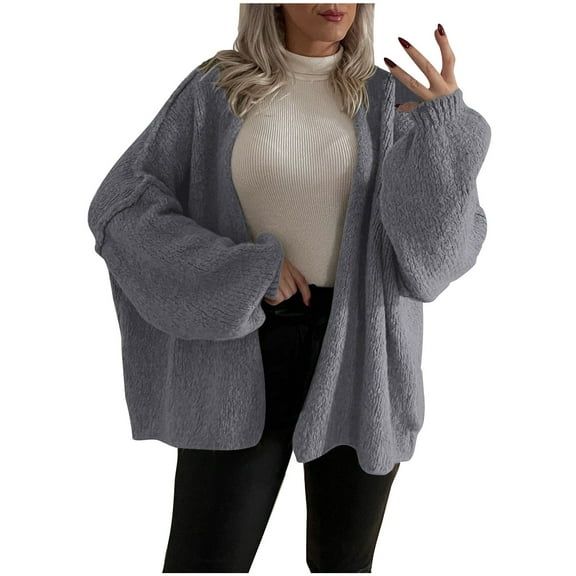 XPMWRP Women's Oversized Cardigan Open Front Coats Chunky Knit Casual Long Lantern Sleeve Jacket Fall Winter Loose Warm Trendy Solid Color Coats Gray L
