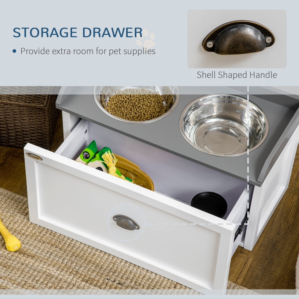 White Elevated Dog Feeding Station with Storage & 2 Bowls