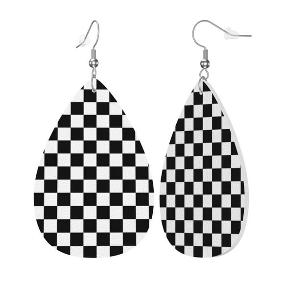 Faux Leather Teardrop Earrings Black And White Checkered Printed Dangle Earrings Lightweight Drop Earrings