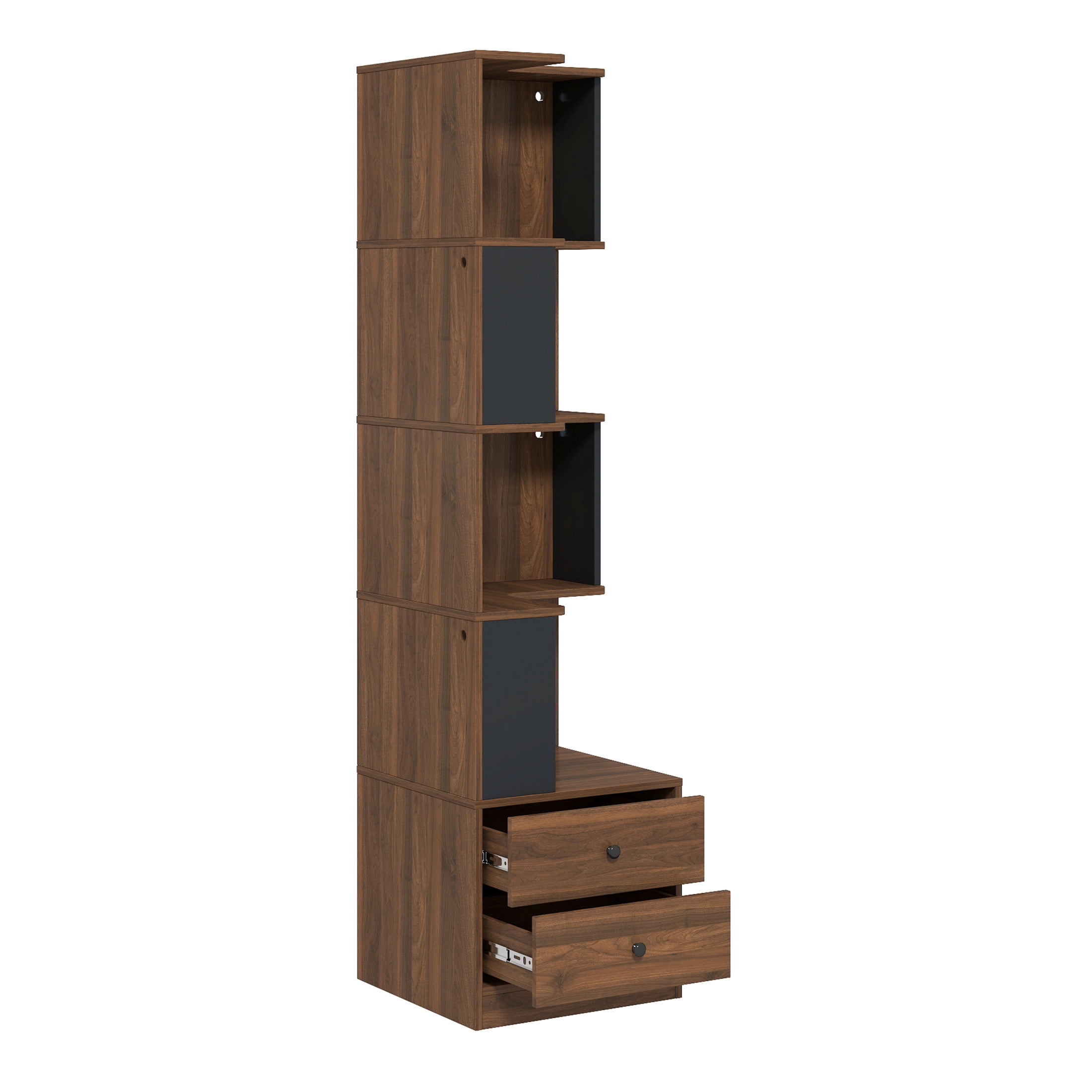 Noble House 68.9" 4-Tier Corner Bookcase with Hidden Drawers and LED Lights, L-Shaped Display Bookshelf, Walnut