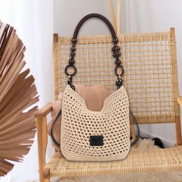 Bolsa de malla informal de punto de punto de Crochet Beach para el trabajo de viaje Picnic todos los días Negro