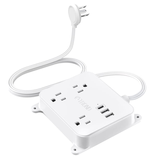 Regleta de enchufe plano – TROND cable de extensión ultrafino con 3 cargadores USB, estación de carga de escritorio de 3 salidas de CA, soporte de pared, compacto para el hogar, banco de trabajo, elem