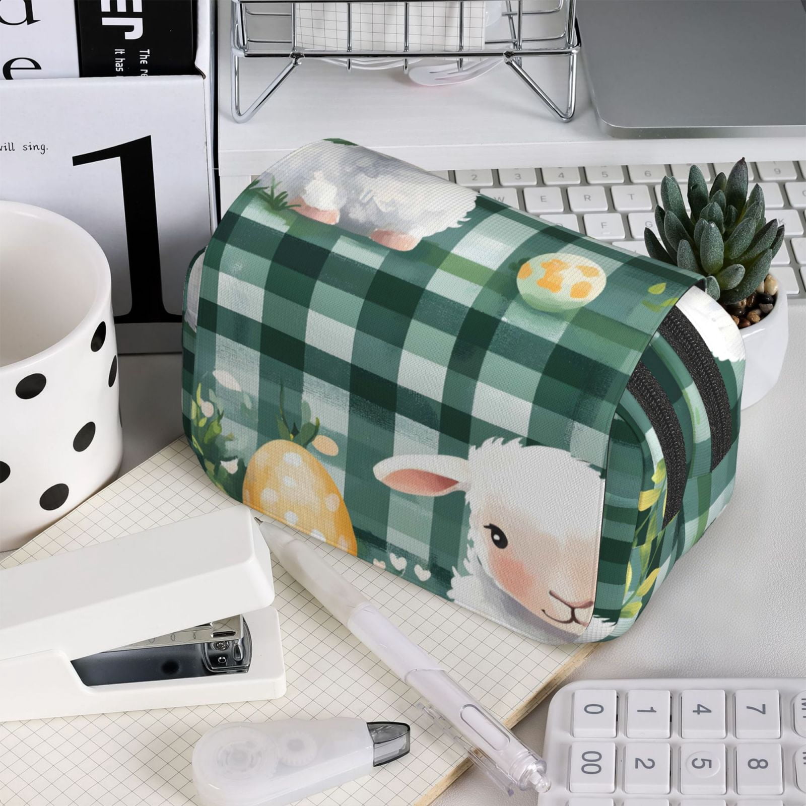 Large-Capacity Flip-Top Double-Layer Pencil Case, Multi-Functional Pocket Pen Case, Durable Stationery Organizer Easter Day Easter Lamb Leaves Watercolor Eggs