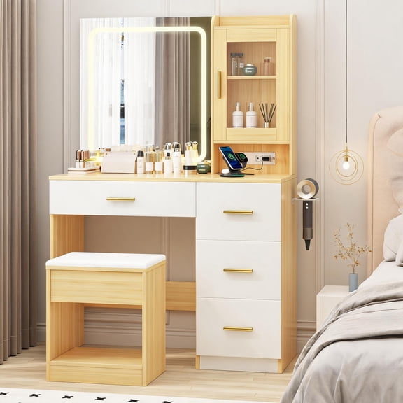 Makeup Dressing Table with Lighted Mirror, Built-in Outlets, Storage Stool, 4 Drawers, Hair Dryer Holder, 3-Color LED
