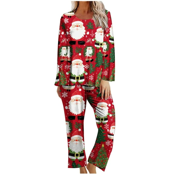 Tnhcen Festive 2-Piece Santa Claus Print Pajamas for Women Warm Long Sleeve Top Pants Soft Crew Neck Ideal Christmas Nightwear Homewear S-2XL