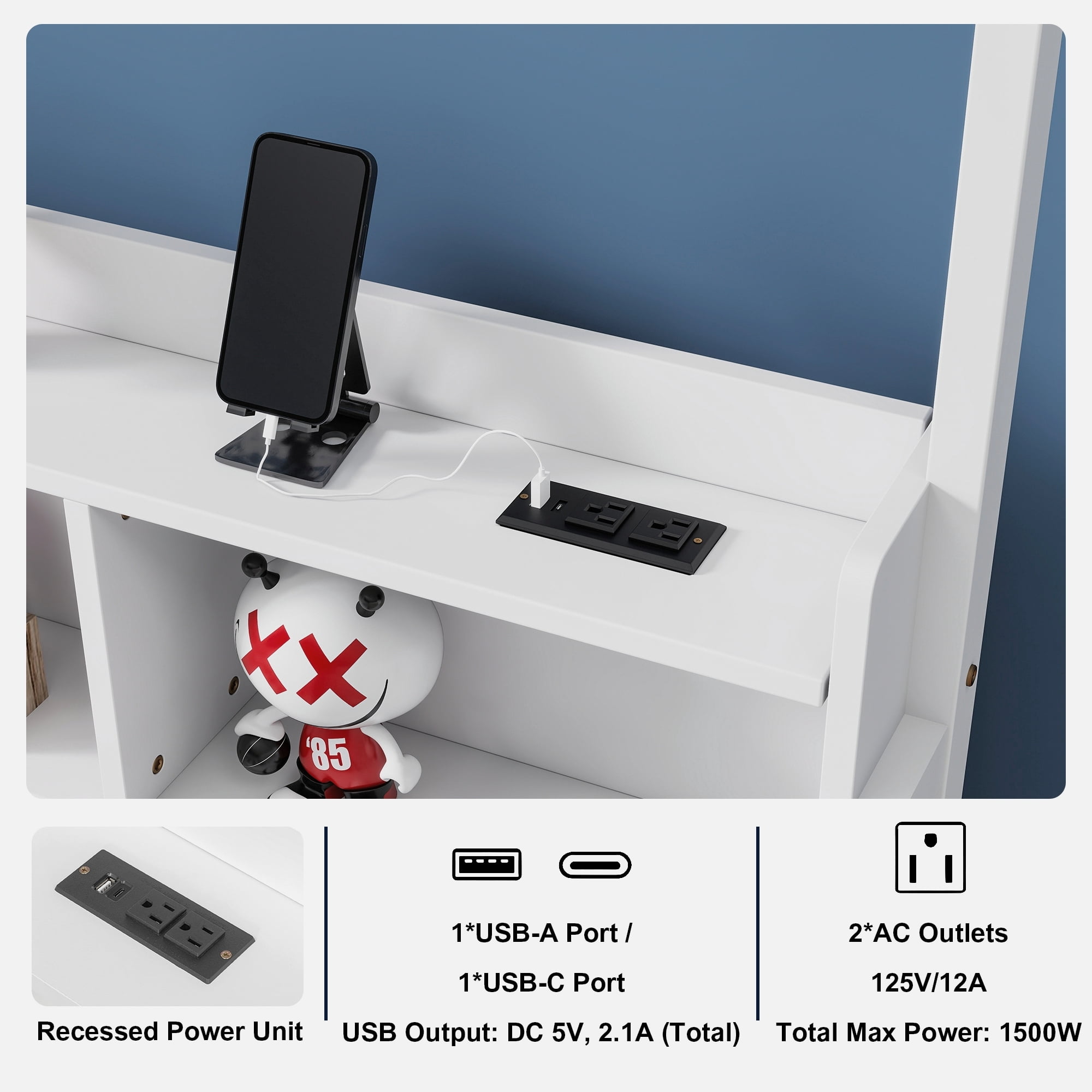 Leumius Full Size House Floor Bed with Storage Shelves,Built-in LED Lights & Charging Station,Pine Wood Floor Bed Frame with Safety Guardrails for Kids Bedroom White