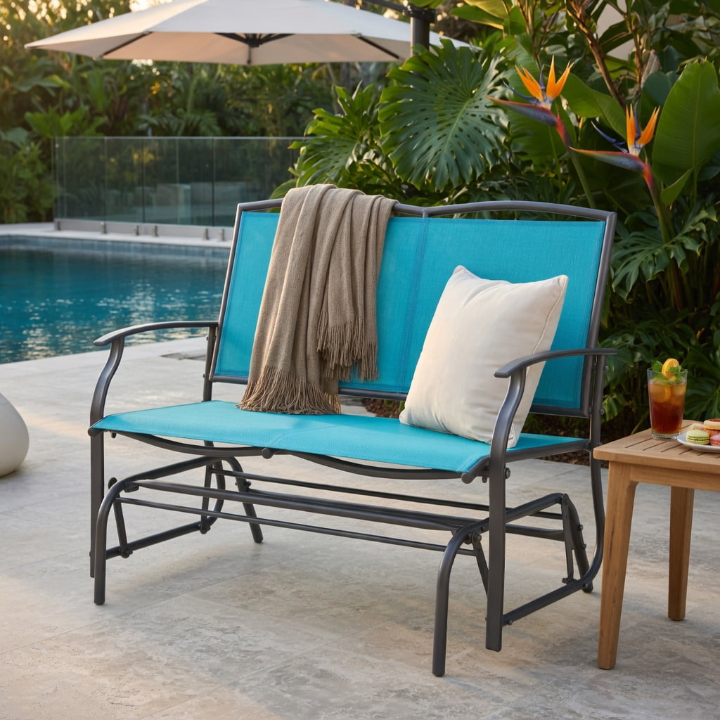 Hommoo Iron Outdoor Rocking Loveseat, Heavy-Duty Steel & Textilene Patio Chair for Backyard, Deck or Porch, 2-Person Relaxation Rocker, Turquoise