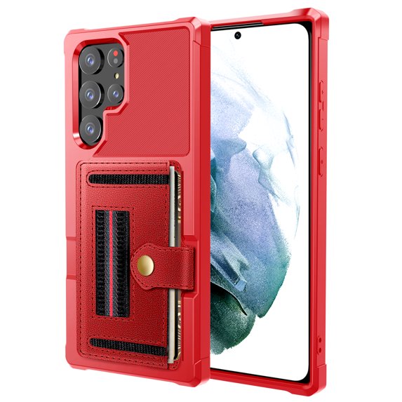 SaniMore Wallet Case for Samsung Galaxy S22 Ultra 6.8" 2022 Release, PC Back Shell PU Leather RFID Blocking Card Slot Hand Rope Shockproof Anti-drop Hybird Cover, Red