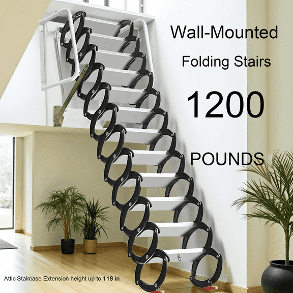 1200 LBS Capacity-Foldable Attic Stairs, Wall-Mounted And Metal Iron Construction 118(H)*133.8(D), with Pull Rod Grab Bars, Black-and-White