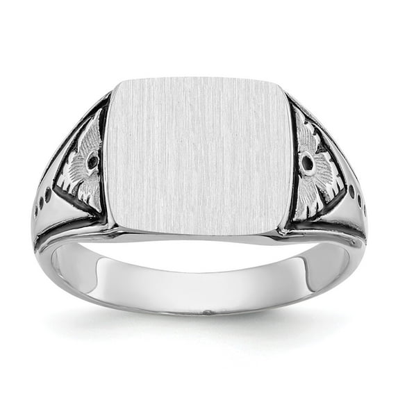 Solid 14k White Gold Antiqued-Style Engravable Signet Ring (11mm) - Size 8