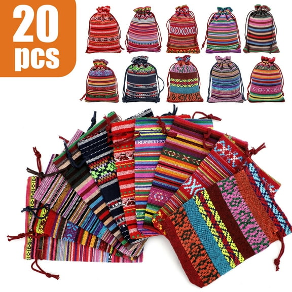 20pcs Cotton Linen Drawstring Gift Bags, Mexican Fiesta Gift Bag, Ethnic Style Mini Drawstring Bag, Reusable Jewelry Pouches, Goodie Candy Bags for Fiesta Wedding Holiday Party Favors