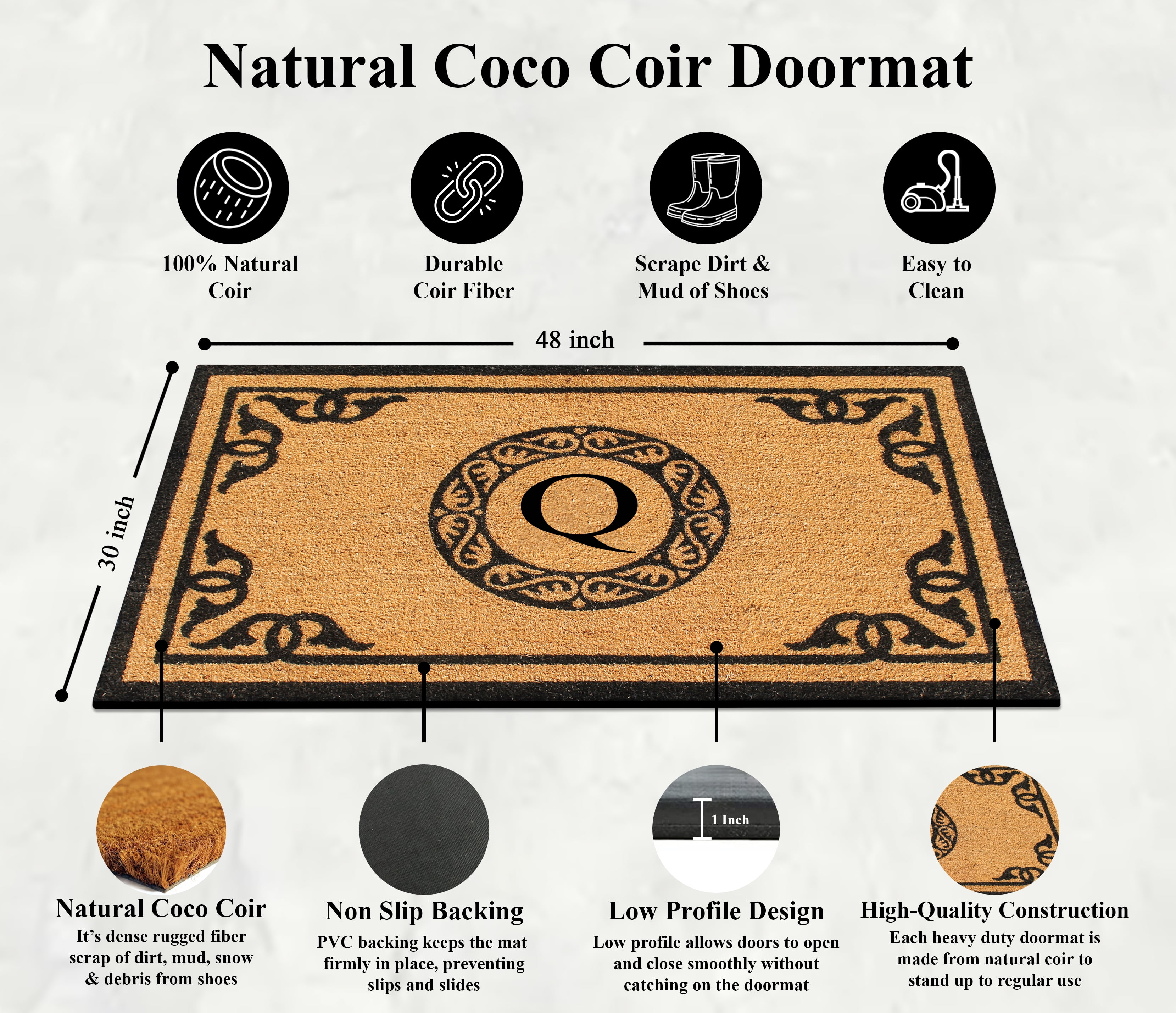 A1HC Handcrafted Geneva Monogrammed Coir Entry Doormat for Outdoor Front Door, 30" x 48"