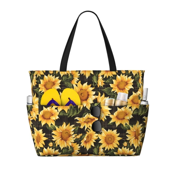 Gaeub Vintage Black Plaid Sunflower Print Beach Bag,Large Tote Bag,Waterproof Sandproof Women Tote Bag,Pool Bag with Zipper for Gym Grocery Travel