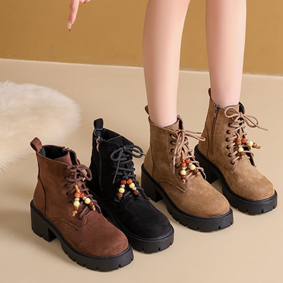 Lovzfmll Women's Boots, Round Toe Chunky Block Heel Ankle Boots, Lace Up Fashion Casual Versatile Booties, Fall Winter Shoes, 5.5, Khaki