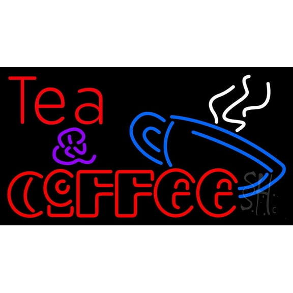 Double Stroke Tea And Coffee LED Neon Sign 13 x 24 - inches, Black Square Cut Acrylic Backing, with Dimmer - Bright and Premium built indoor LED Neon Sign for café and stroefront.