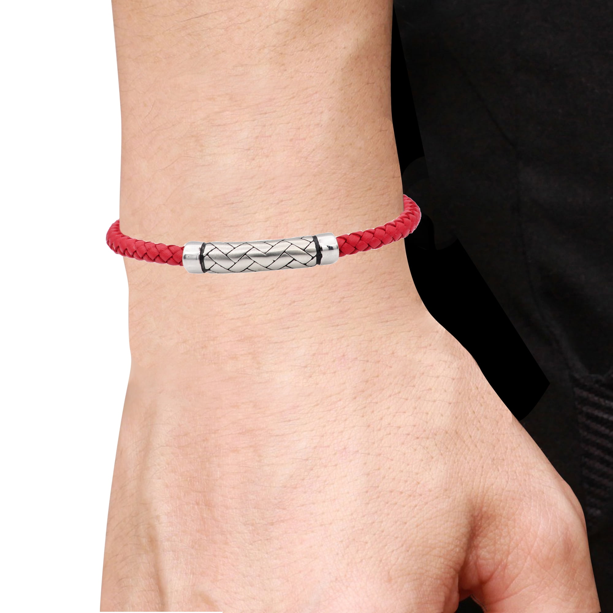 Arista Men's Rope Design Bracelet in Red Leather Solid Stainless Steel, 8.5"