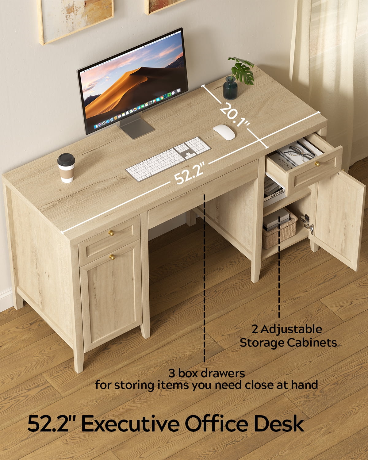 Joyyskill 52" Executive Desk with Storage Drawer, Farmhouse Home Office Desk with Storage Cabinet Wood Computer Writing Desk, Light Oak