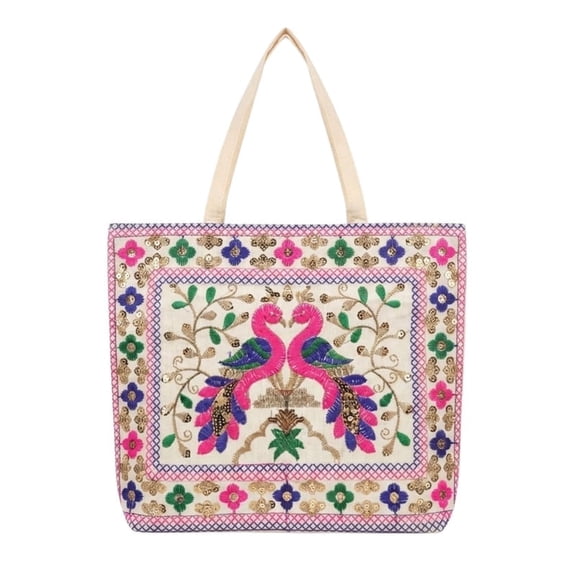 RAYMONS OVERSEAS-Women's Embroidered Cotton Tote Bag with Peacock Floral Design, Reusable Shoulder Handbag for Shopping, Travel, Office, College, Grocery, Everyday Carry