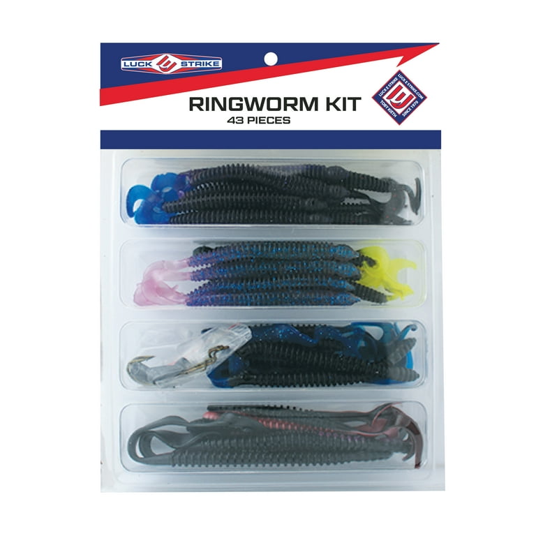 Luck E Strike 6 In Plastic and Lead Ringworm Kit Fishing Lures for Bass, 43 Pcs