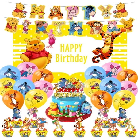 Winnie the Pooh Happy Birthday Decorations Set, Birthday Banner Background Cloth Table Centerpiece Party Decorations for Kids