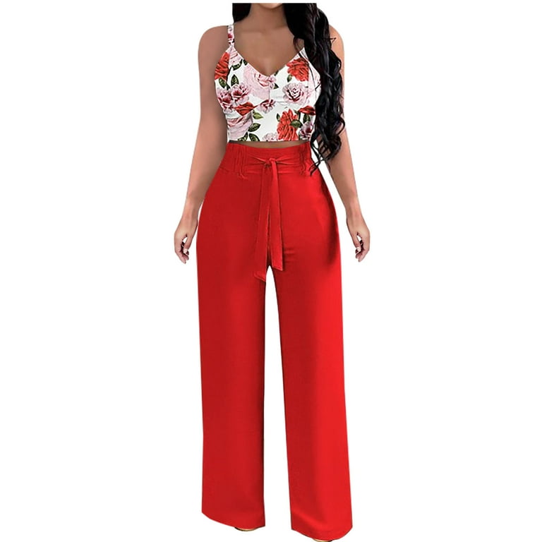 RQYYD Reduced Floral 2 Piece Outfits for Women Sexy Backless Sleeveless V  Neck Crop Top High Waist Wide Leg Long Pant Sets Tracksuit Lounge Set Red L
