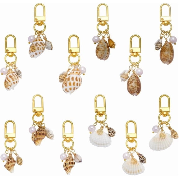 12 Pcs 4 Styles Beach Keychain Accessories 2.44-2.74inch Seashell Bag Charms Seashell Purse Keychain with Pearl for DIY Car Keys Backpack Purse Personalized Gifts Golden