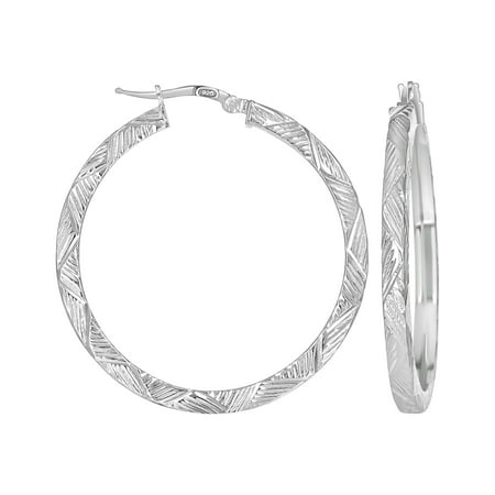 925 Sterling Silver Womens Diamond-Cut Patterned Square Tube Hoop Earrings