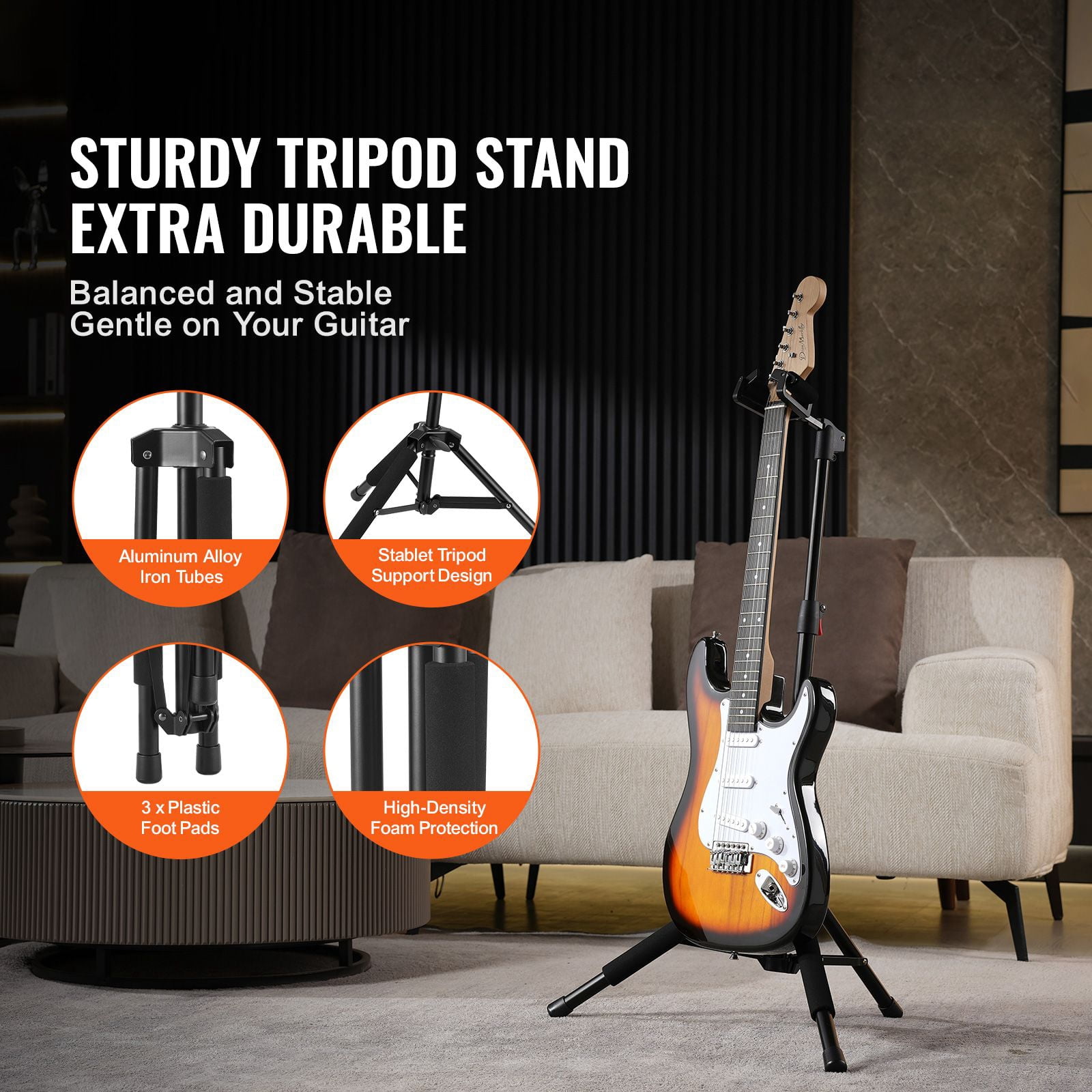 Floor-Standing Tripod Guitar Stand with Gravity Auto-Lock, Adjustable Height 35.4"-47.2", Foldable Design, Universal Fit for Acoustic, Electric & Bass Guitars