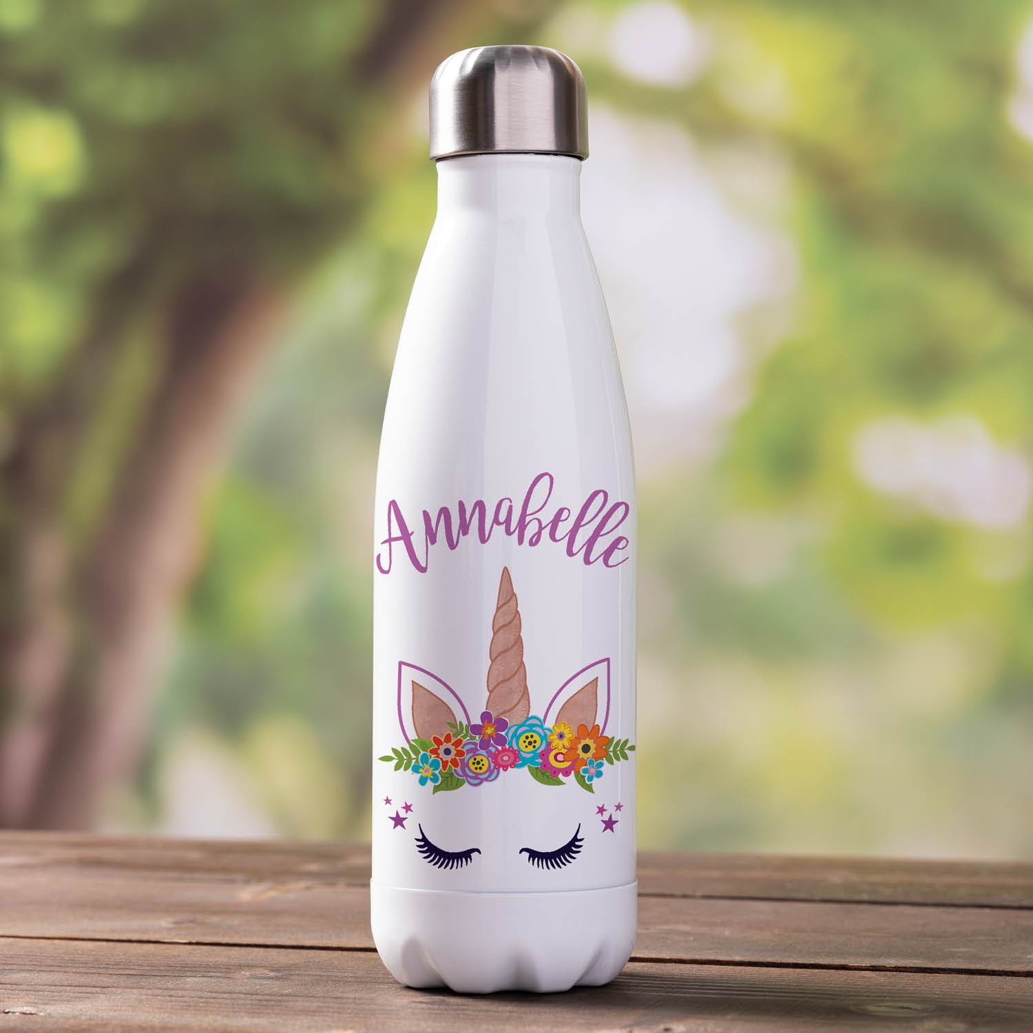 Personalised Flip Top PINK OR PURPLE Unicorn Water Bottle Girls Name Gift School 