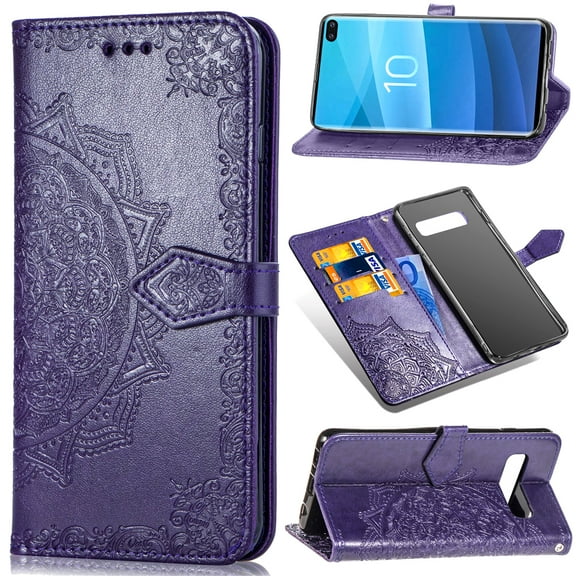 Galaxy S10  Plus Wallet Cases and Covers, Allytech Slim Premium PU Flip Stand Cover Mandala Embossed Full Body Protection with Card Holder Magnetic Closure for Samsung Galaxy S10  Plus, Purple