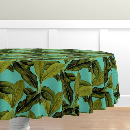 

Cotton Sateen Tablecloth 90 Round - Palm Tropical Blue Medium Leaves Turquoise Botanical Jungle Banana Leaf Print Custom Table Linens by Spoonflower