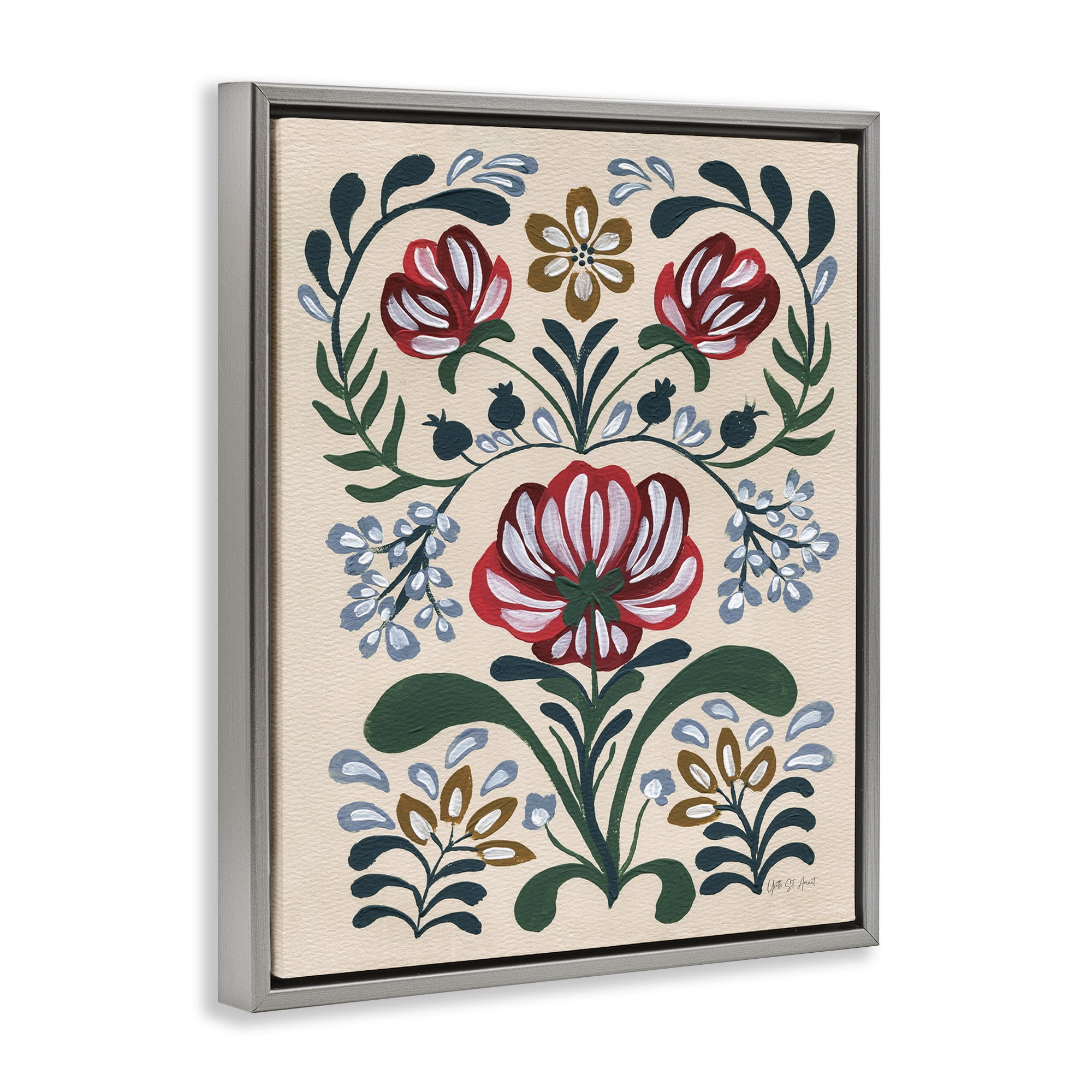 Stupell Industries Boho Folk Florals Botanical & Floral Painting Gray Floater Framed Art Print Wall Art, 17 x 21